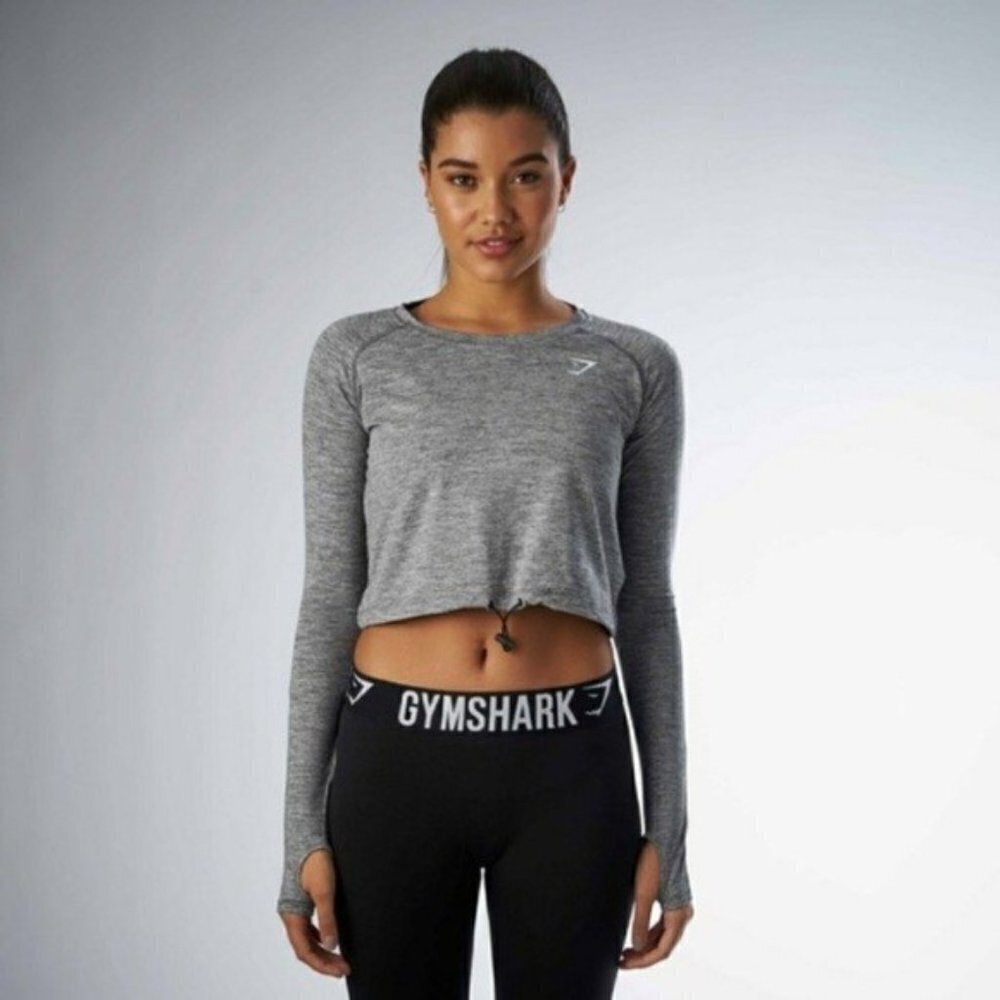 Gymshark Light Grey Crop Top Drawstring Long Sleeve Elbow Holes Women’s XS